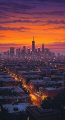 Obraz premium Vibrant cityscape at sunset with illuminated skyline and dramatic sky