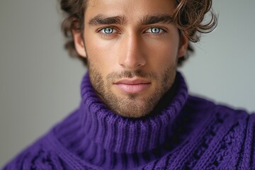 Fototapeta premium Close-up of a handsome young Caucasian man with striking blue eyes, wearing a cozy purple turtleneck sweater.