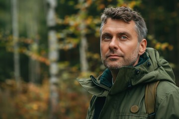 Obraz premium A contemplative middle-aged Caucasian man in a green jacket stands amidst autumn foliage.