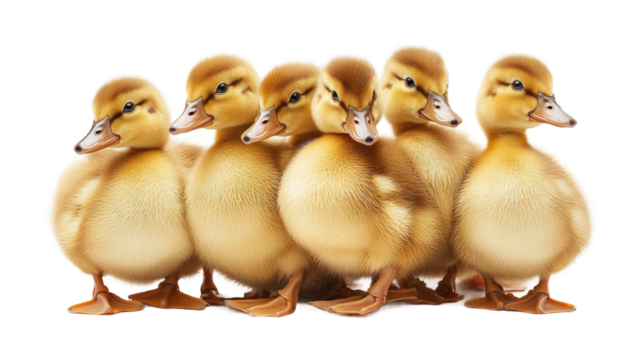 Fun ducklings playing together. Isolated on transparent background, png.