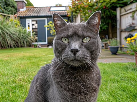 In a lush summer meadow carpeted with green grass, the tabby cat is on the hunt