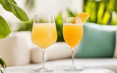 Two glasses of fresh orange juice placed on a wooden table ready to be enjoyed.