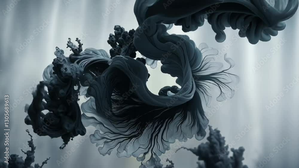 Poster black ink in water creating dramatic fluid abstract form with dark swirling effect