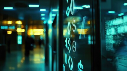 Futuristic digital display showing financial data in a city at night.