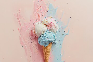 Delicious ice cream cone melting on pink background food photography studio setting sweet treats concept