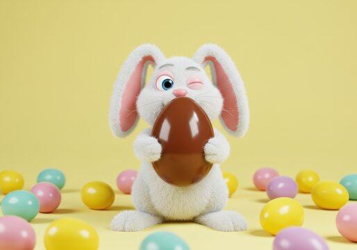 Cute bunny winking with chocolate egg surrounded by colorful easter eggs