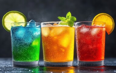 Three colorful drinks arranged neatly in a row, showcasing vibrant hues and refreshing appeal.