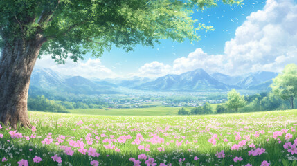 Blooming pink wildflowers carpeting verdant meadow, revealing expansive green valley with mountain silhouettes beneath cloudless azure sky
