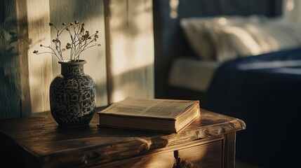 Obraz premium Sunlit bedroom with book, vase, and dried flowers on wooden nightstand.