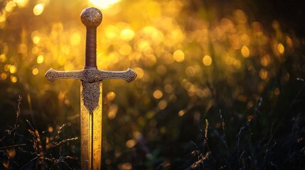Golden sword planted in grass at sunset.