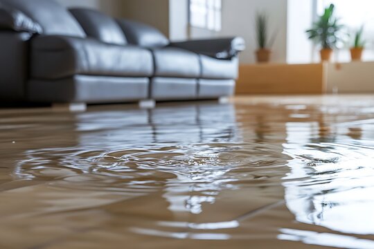 Water damage indoors with sofa and potted plants