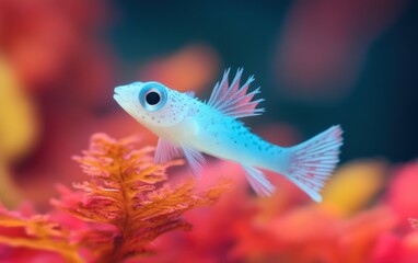 A small fish swims gracefully in a clear tank filled with water.