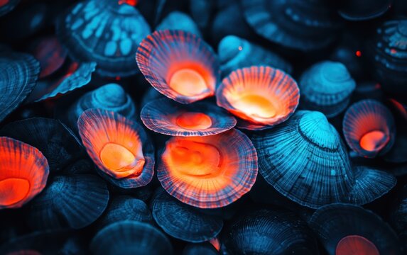 A variety of shells illuminated by captivating blue lights create a stunning visual display.