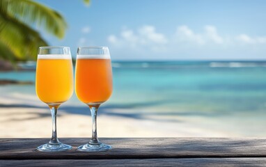 Two glasses of beer on a table with an ocean view in the background.