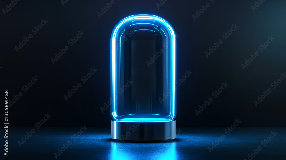 Poster a glowing blue neon light tube in a dark room with a metallic base, showcasing a modern, futuristic 