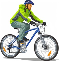 Obraz premium A cyclist pedaling through the outdoors, surrounded by natural beauty. The individual is shown in a side profile, wearing a helmet and casual clothes, with a white background for clarity. Ideal for a