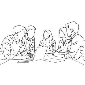 recommend clip art: Vector business meeting discussion between the worker. Business training and presentation concept of line art design. continuous line drawing of office workers at a business meeting
                    