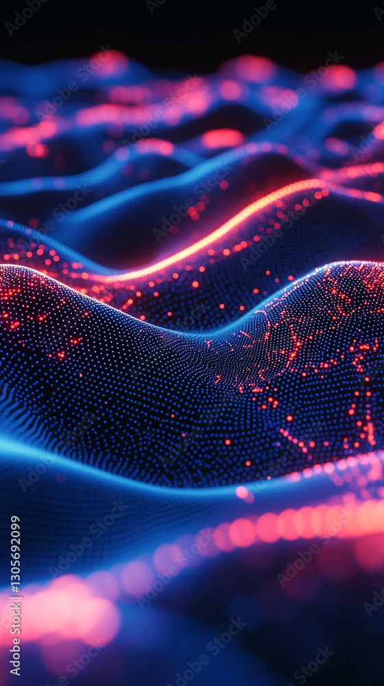 Poster Close-up view of abstract digital landscape with flowing waves of glowing red and blue lights, representing futuristic technology, data, and digital visualizations.