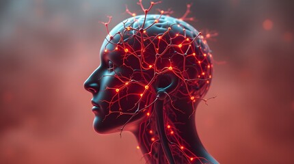 Human Nervous System, Glowing Neurons, Cinematic Profile View, Terracotta and Teal, Earthy and Cool Contrast, Intricate Network