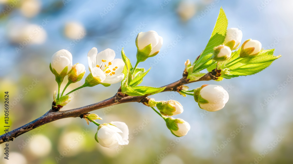 Poster fragrant white blossoms spreading across verdant branches, illuminating clear azure skyline with spr