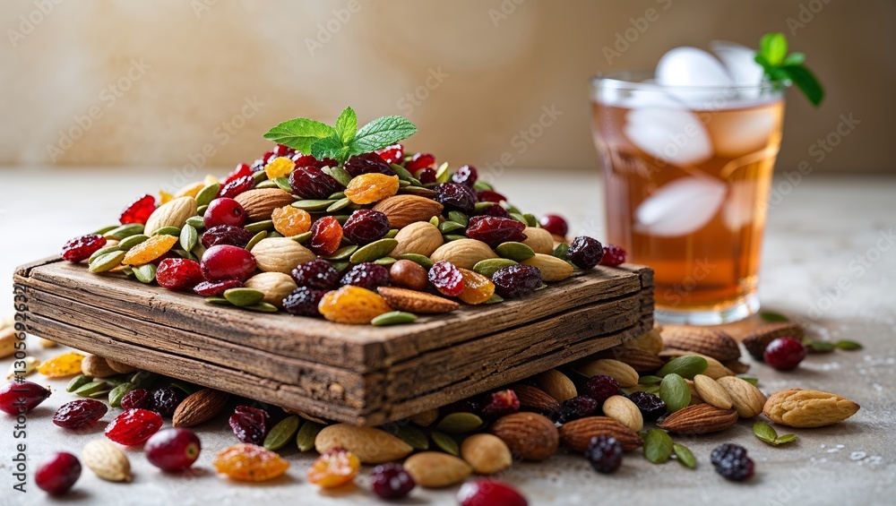 Poster assorted nuts and dried fruits served with refreshing iced tea on a rustic table