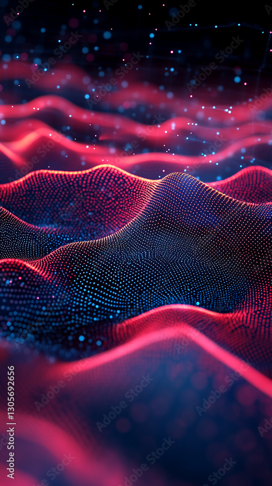 Poster Close-up of abstract glowing red and blue digital waves with particles creating a futuristic, dynamic energy flow, representing motion, technology, and data visualization.