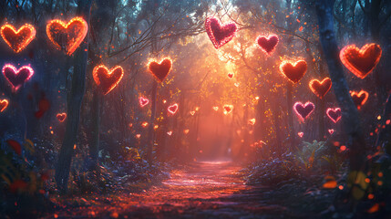 Colorful heart-shaped decorations create a festive atmosphere for valentine's day celebrations or romantic occasions. Enchanted - Forest. Illustration