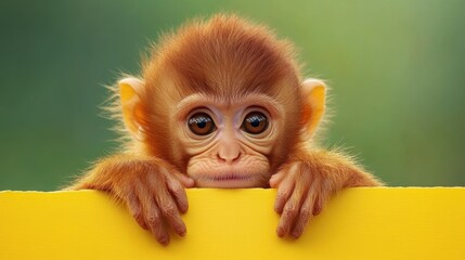 Fototapeta premium A curious monkey gazes at a bright yellow sign in its environment.