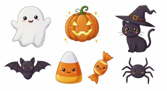 Cute halloween characters set with ghost, pumpkin, cat, bat, and candy