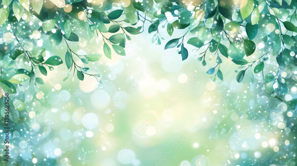 Aufkleber Green leaves border framing a bokeh background with glowing particles floating in the air, creating a magical and dreamy atmosphere