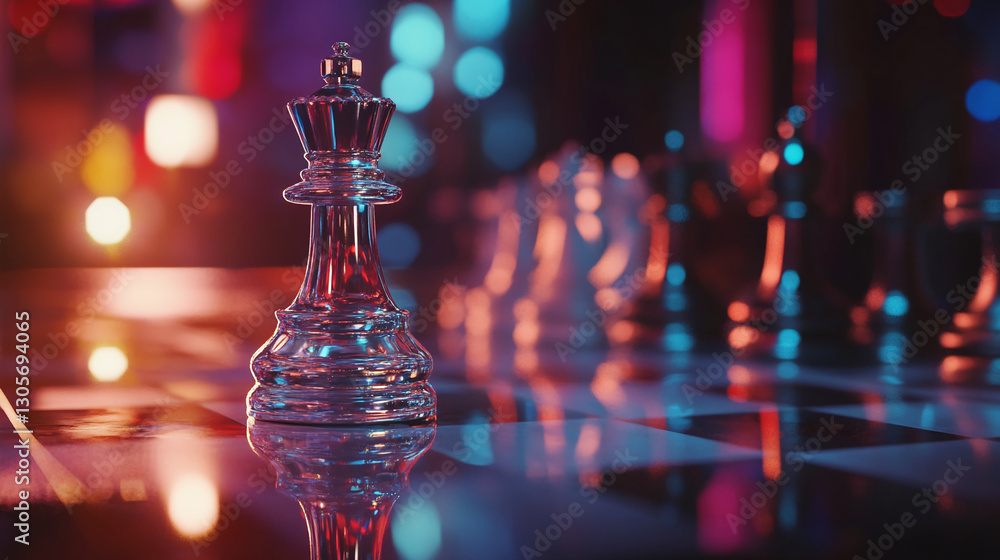 Poster Close-up of a glass chess queen piece with a blurred background of other chess pieces. The image uses vibrant lighting to create a striking contrast, symbolizing strategy and intellect.