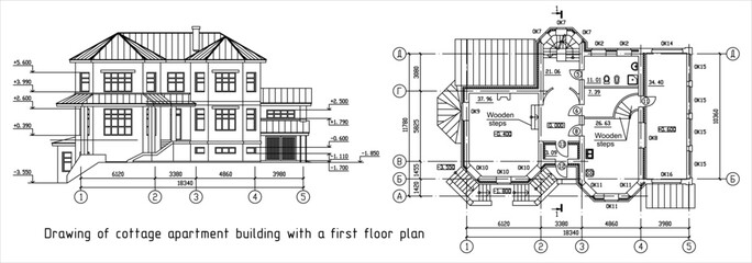 Fototapeta premium Vector architectural engineering construction drawing of private residential building with dimensional lines. Industrial hand design on white sheet of paper. Blueprint of multistory suburban cottage.