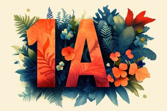 Textured "1A" Typography with Vibrant Floral Arrangements Showcasing a Dynamic Fusion of Lush Leaves, Colorful Flowers, and Creative Design