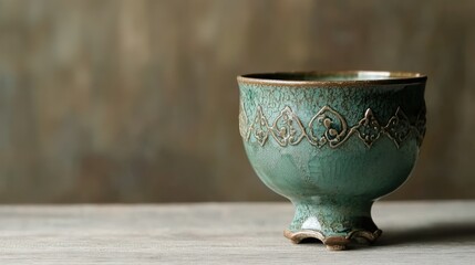 Teal ceramic bowl with ornate design on wooden surface.