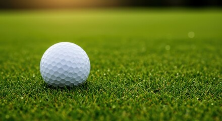 Golf ball on pristine green grass field at sunset