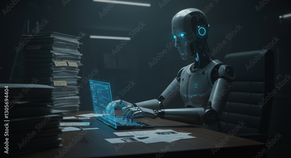 Poster futuristic robot working at desk with holographic display in dark office environment