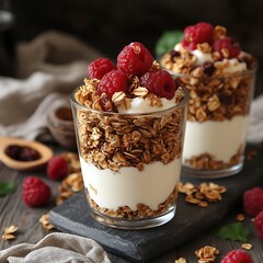 Granola and Berries Parfait on Wood Table
