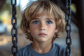 A boy on a swing in a park, glancing around nervously, unsure of where his parents are.

