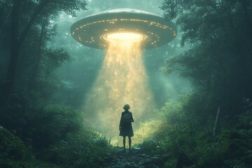 UFO and Alien Encounter in a Forest at Dusk A forest at dusk with a UFO casting a bright beam down onto an alien who stands among the trees, highlighting the eerie atmosphere.

