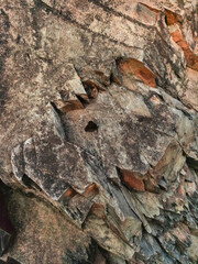 Rock formation showing layered sedimentary rock in pruhonice, czech republic