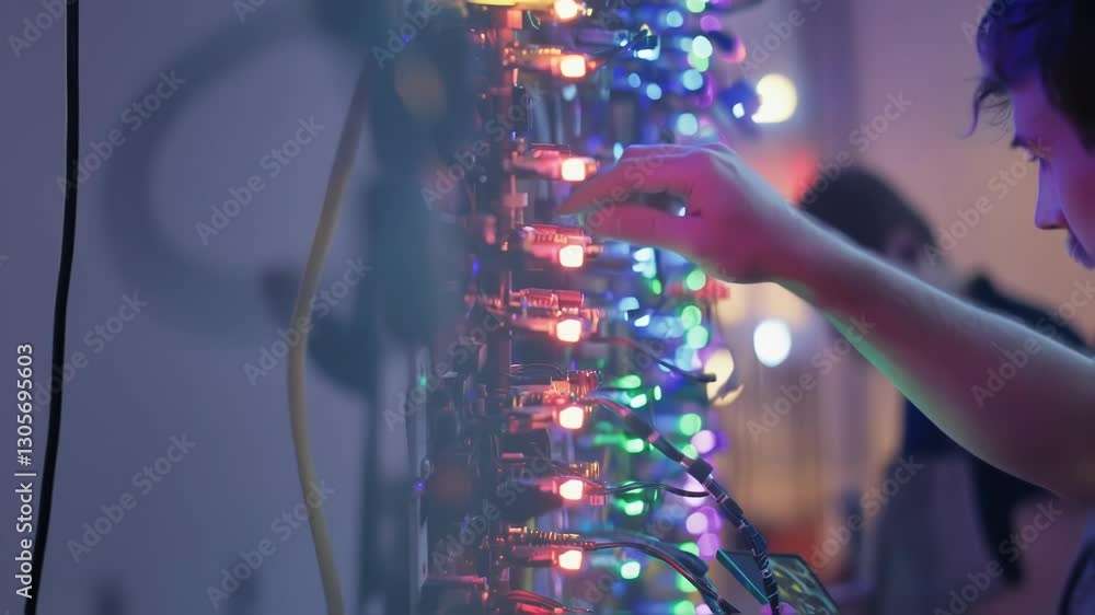 Aufkleber professional lighting technician carefully adjusting colorful led lights on a complex control panel,