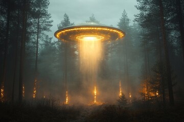 UFO with a Bright Halo Over a Forest A large UFO with a bright halo of light descending into a dark forest at night, with glowing trees and mist enveloping the scene.

