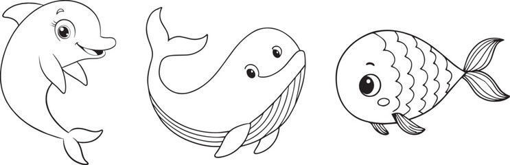 Cute Cartoon Sea Creatures - Black and White Line Art for Children's Coloring Book