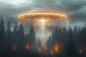 UFO with a Bright Halo Over a Forest A large UFO with a bright halo of light descending into a dark forest at night, with glowing trees and mist enveloping the scene.

