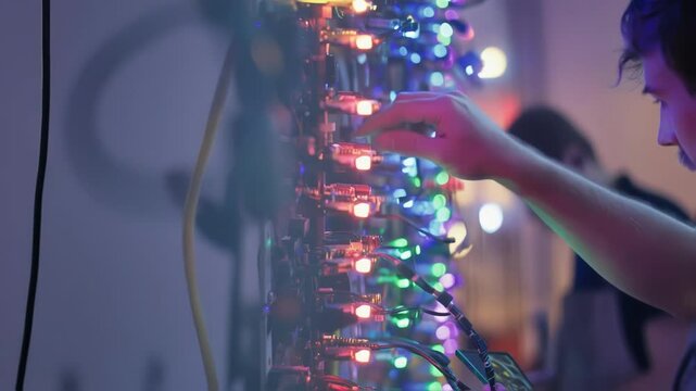 Professional lighting technician carefully adjusting colorful led lights on a complex control panel, creating a vibrant and dynamic lighting setup for an entertainment production