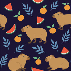 Seamless pattern with cute capybara, oranges and watermelon. Vector hand-drawn doodle illustration in trendy style.