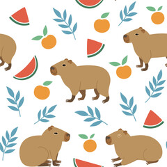 Obraz premium Seamless pattern with cute capybara, oranges and watermelon. Vector hand-drawn doodle illustration in trendy style.