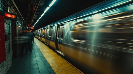 Obraz premium Subway train travels through station as passengers walk along the platform.