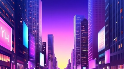 Vibrant cityscape at dusk showcasing skyscrapers and illuminated billboards in a bustling urban environment