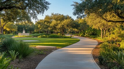 Fototapeta premium Serene park walkway featuring a fountain and lush trees for relaxation and enjoyment.